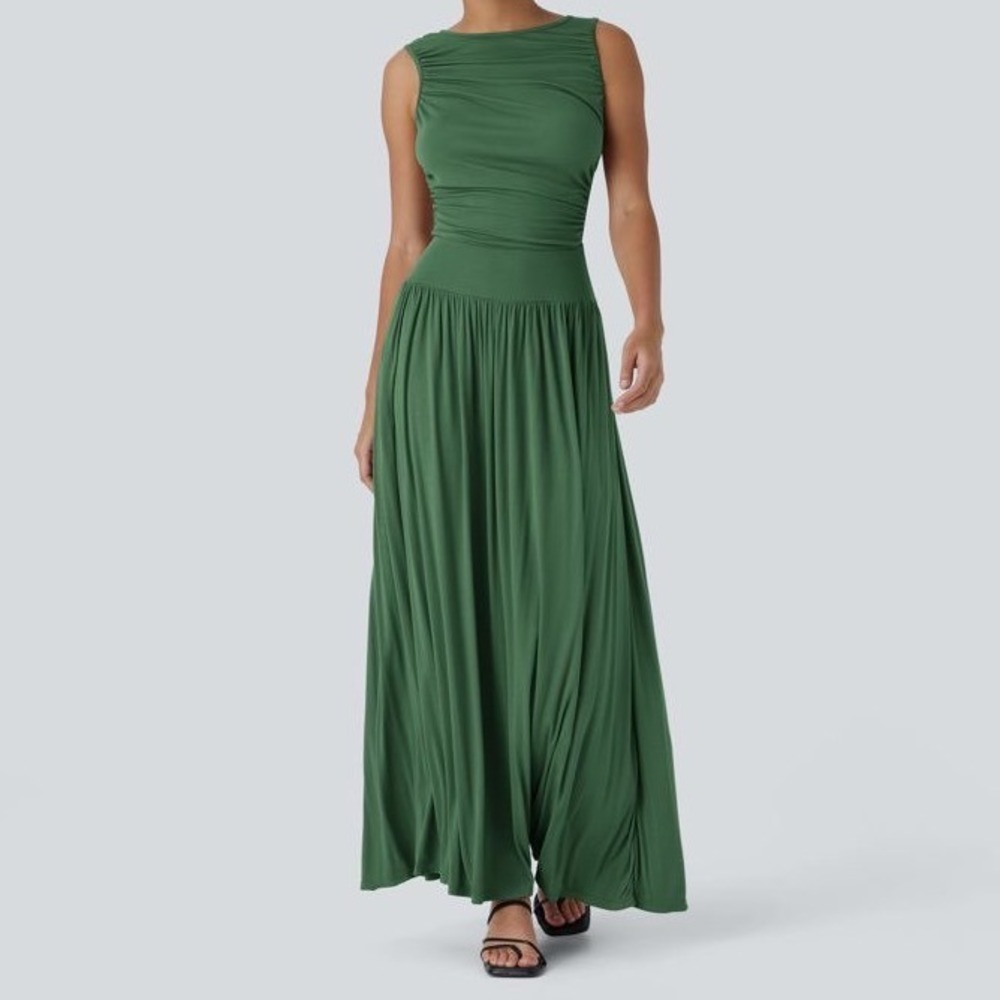 Boat Neck Asymmetric Strap Ruched Pocket Flowy Maxi Casual Dress Small NWT